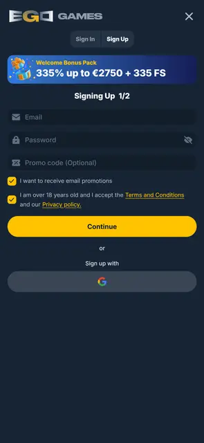 Mobilní web EgoGames, registrační formulář v angličtině