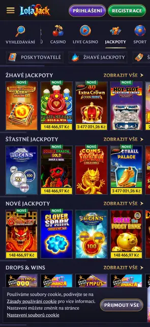 Mobilní web Lolajack, sekce jackpotů s aktuálními částkami
